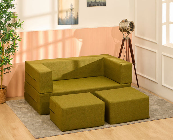 Uberlyfe Flipster Sofa cum Bed with Detachable Ottomans | Olive Green Jute Polyester Fabric | Queen Size