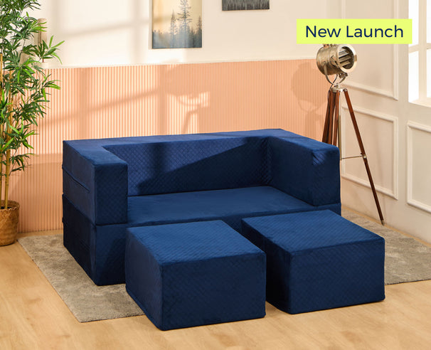 Uberlyfe Flipster Sofa cum Bed with Detachable Ottomans | Blue in Plush Laser Quilted Fabric | Queen Size
