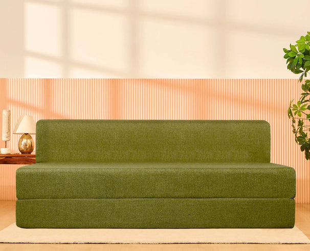 Jute Jumbo Sofa Bed, Olive Green | 6.5 x 6.5, Three Seater | 3 Jharokha Cushions
