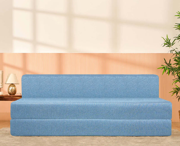 Jute Jumbo Sofa Bed, Aqua Blue | 6.5 x 6.5, Three Seater | 3 Jharokha Cushions