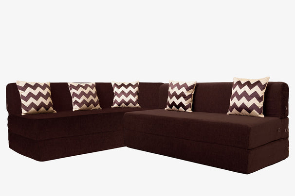 Uberlyfe L Shaped Sofa Bed, Molfino Brown | 5 Seater | 5 Zigzag Cushion