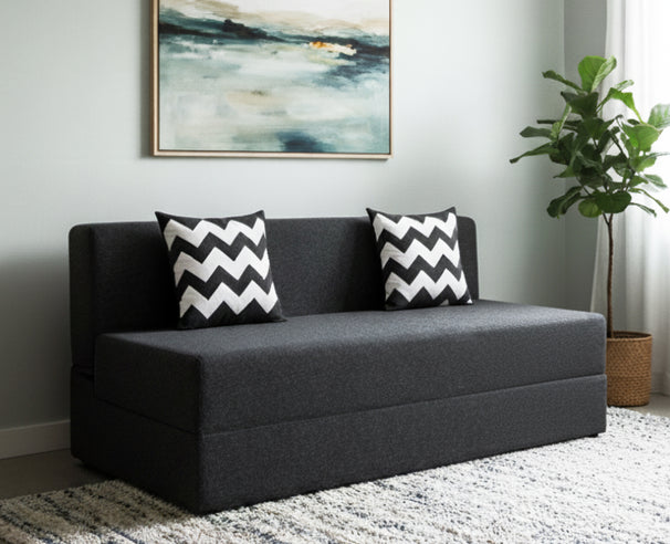 Uberlyfe Premium 6'x6' Sofa cum Bed | Dark Grey, Jute Fabric | 2 ZigZag Cushions