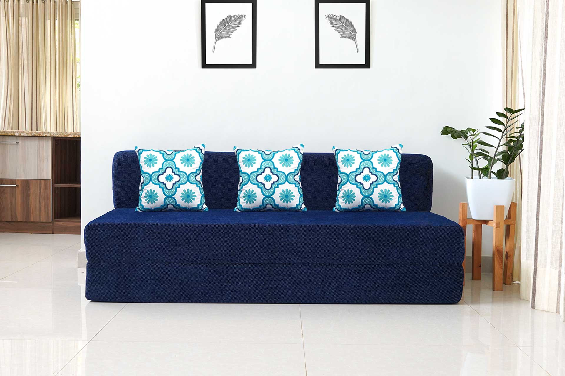 Chenille Jumbo Sofa Bed, Dotted Blue | 6.5 x 6.5, Three Seater | 3 Blue Quartet Cushions