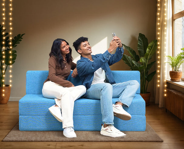 Jute Sofa Bed, Aqua Blue | 5 x 6, Three Seater