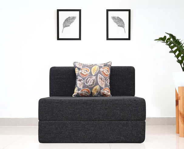 Jute Sofa Bed, Dark Grey | 3 x 6, Single Seater | Fallen Leaves Cushions