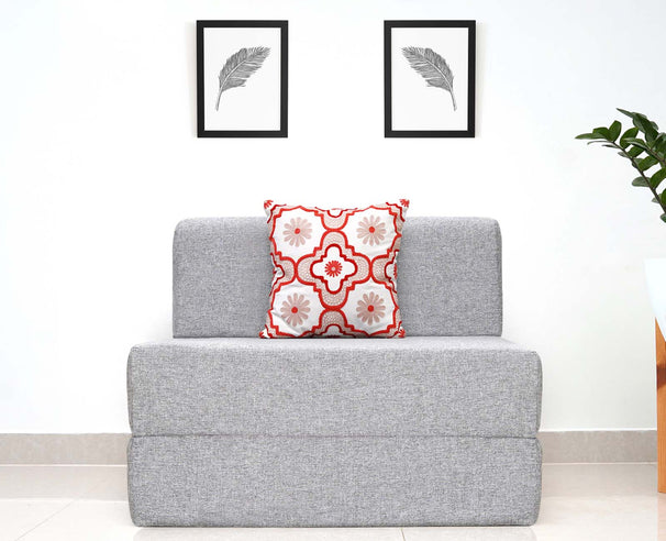 Jute Sofa Bed, Silver | 3 x 6, Single Seater | Red Quartet Cushions