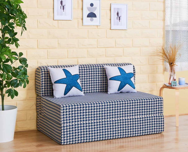 Houndstooth Sofa Bed, Night Blue | 4 x 6, Double Seater | 2 Starry Cushions