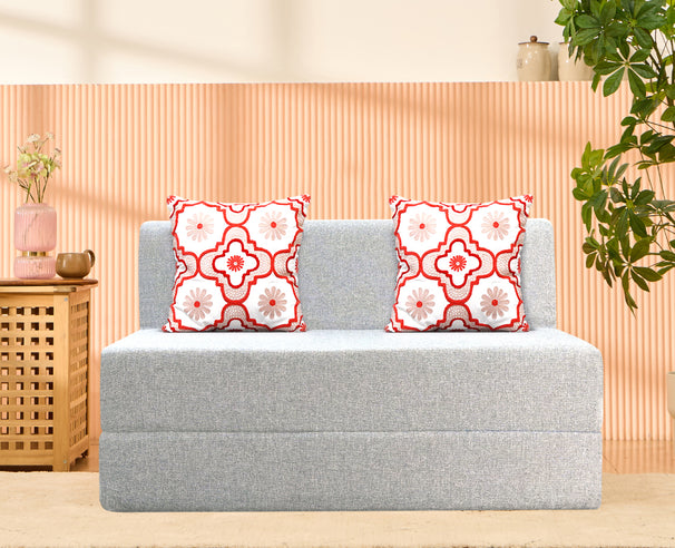 Jute Sofa Bed, Silver | 4 x 6, Double Seater | 2 Red Quartet Cushions