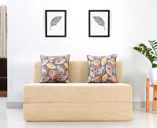 Jute Sofa Bed, Beige | 4 x 6, Double Seater | 2 Fallen Leaves Cushions