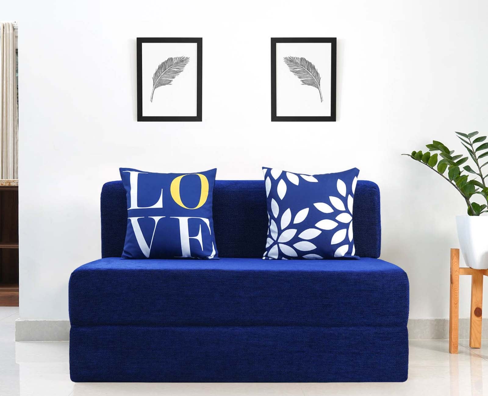 Chenille Sofa Bed, Dotted Blue | 4 x 6, Double Seater | 2 Love Leaf Cushions