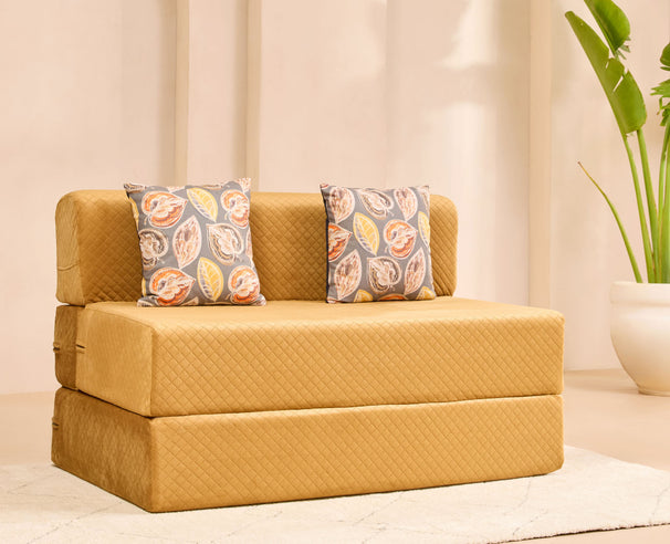 Uberlyfe 4'x6' Sofa cum Bed | Molten Caramel, Laser Quilted Velvet | 2 Fall Leaves Cushions