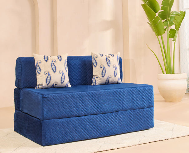 Uberlyfe Premium 4'x6' Sofa cum Bed | Deep Blue, Laser Quilted Velvet | 2 Paisley Cushions