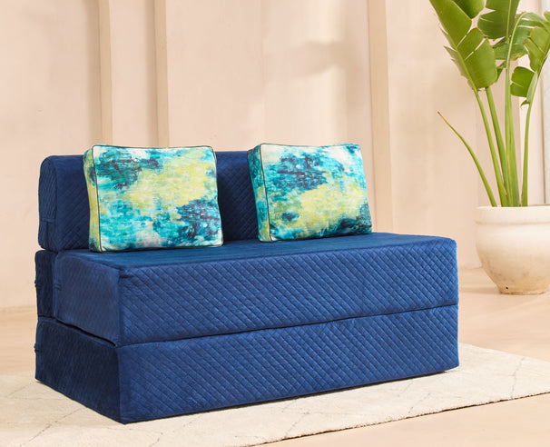 Uberlyfe Extra High, Extra Soft - 4'x6' Sofa cum Bed | Blue in Plush Laser Quilted Fabric | 2 Ocean Hues Cushions