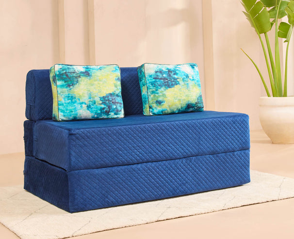 Uberlyfe Premium 4'x6' Sofa cum Bed | Deep Blue, Laser Quilted Velvet | 2 Ocean Hues Cushions