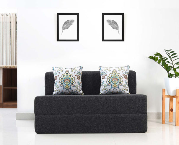 Jute Sofa Bed, Dark Grey | 4 x 6, Double Seater | 2 Green Morpanki Cushions