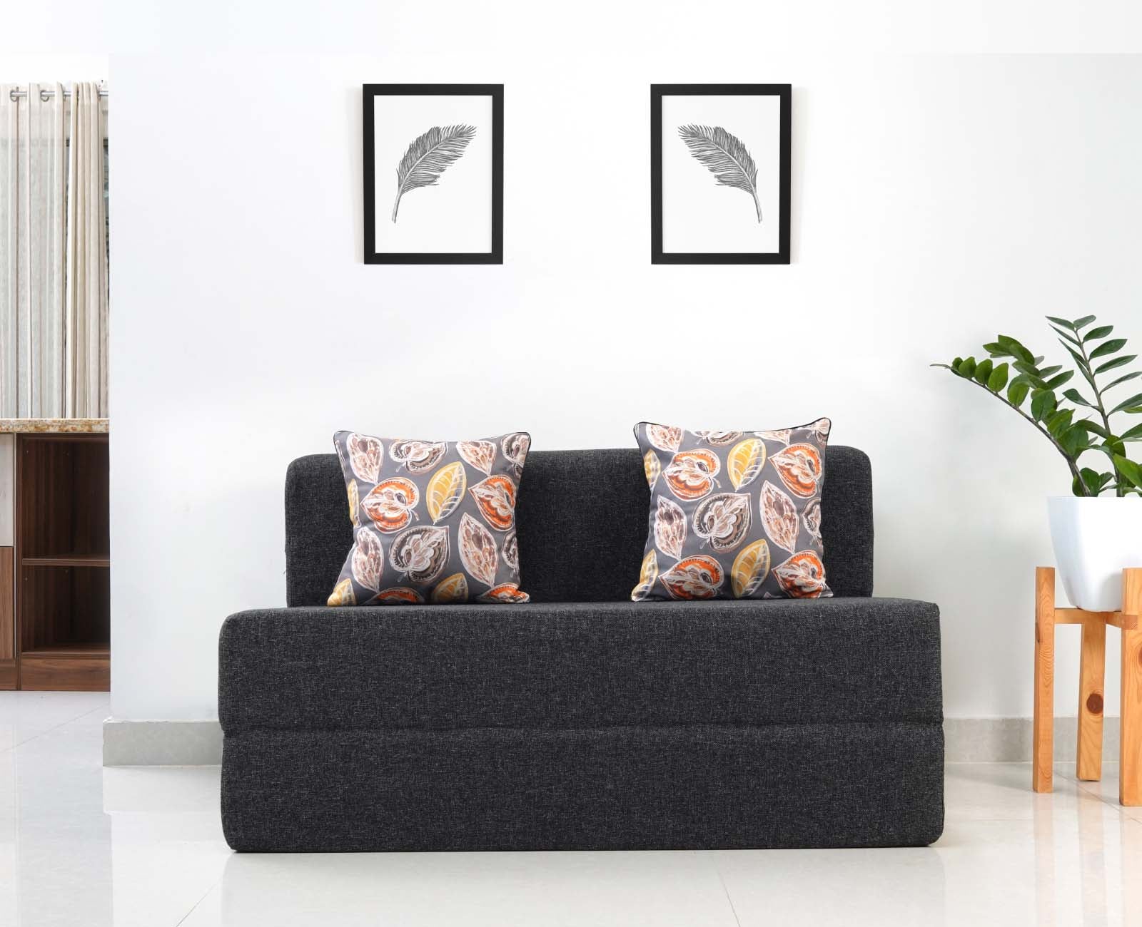 Jute Sofa Bed, Dark Grey | 4 x 6, Double Seater | 2 Fallen Leaves Cushions