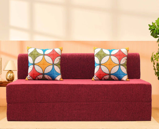 Molfino Sofa Bed, Maroon | 5 x 6, Three Seater | 2 Jharoka Cushions