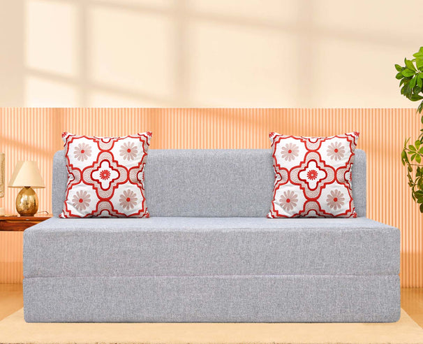Jute Sofa Bed, Silver | 5 x 6, Three Seater | 2 Red Quartet Cushions