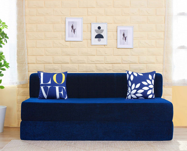 Chenille Sofa Bed, Dotted Blue | 5 x 6, Three Seater | 2 Love Leaf Cushions