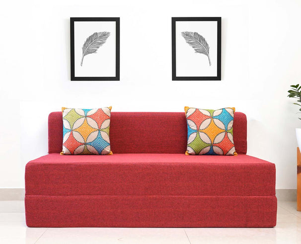 Jute Sofa Bed, Primrose Red | 5 x 6, Three Seater | 2 Jharokha Cushion