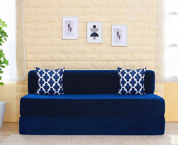 Chenille Sofa Bed, Dotted Blue | 5 x 6, Three Seater | 2 Semicircle Cushions