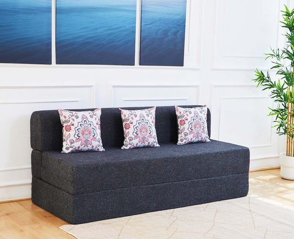 Jute Sofa Bed, Dark Grey | 5 x 6, Three Seater | 3 Pink Morphankh Cushions
