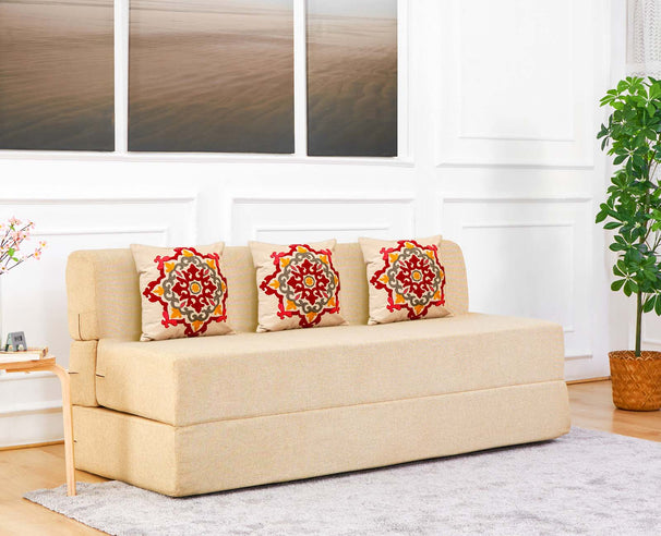 Jute Sofa Bed, Beige | 5 x 6, Three Seater | 3 Red Medallion Cushions