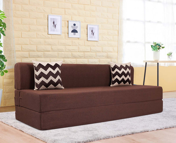 Jute Sofa Bed, Malt Brown | 5 x 6, Three Seater | 2 Beige ZigZag Cushion