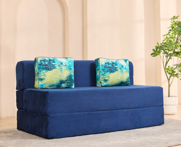 Uberlyfe Premium 5'x6' Sofa cum Bed | Deep Blue, Laser Quilted Velvet | 2 Ocean Hues Cushions