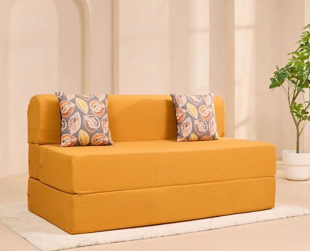 Uberlyfe 5'x6' Sofa cum Bed | Mango Yellow, Cotton | 2 Fall Leave Cushions