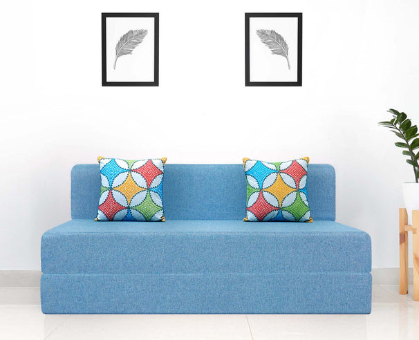 Jute Sofa Bed, Aqua Blue | 5 x 6, Three Seater | 2 Jharokha Cushion