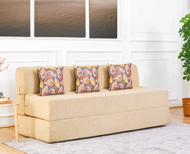 Jute Sofa Bed, Beige | 5 x 6, Three Seater | 3 Fallen Leaves Cushions