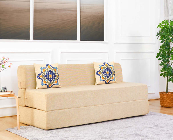 Jute Sofa Bed, Beige | 5 x 6, Three Seater | 2 Blue Medallion Cushions