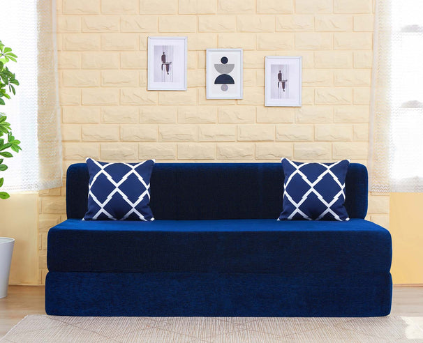 Chenille Sofa Bed, Dotted Blue | 5 x 6, Three Seater | 2 Arrow Cushions