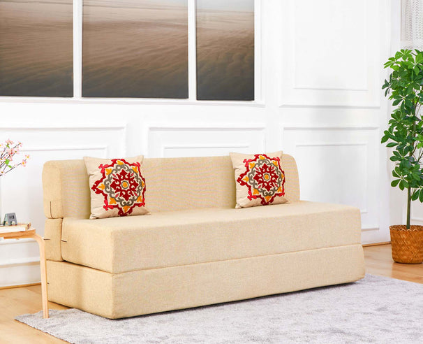 Jute Sofa Bed, Beige | 5 x 6, Three Seater | 2 Red Medallion Cushions