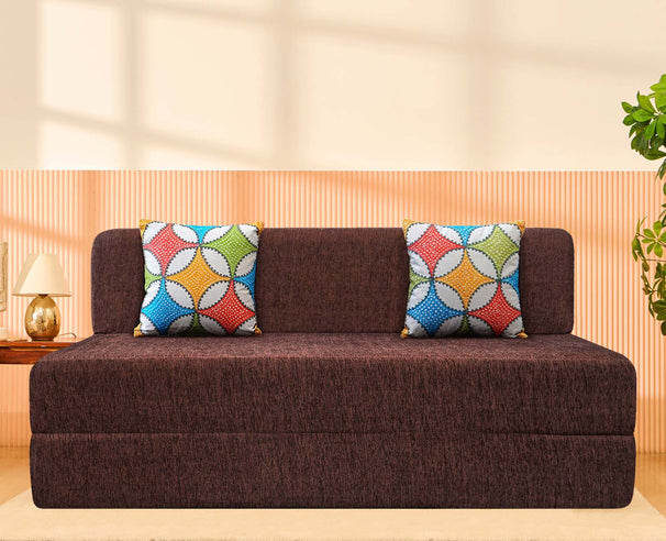 Molfino Sofa Bed, Brown | 6 x 6.5, Three Seater | 2 Jharokha Cushions