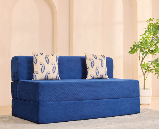 Uberlyfe Premium 5'x6' Sofa cum Bed | Deep Blue, Laser Quilted Velvet | 2 Paisley Cushions