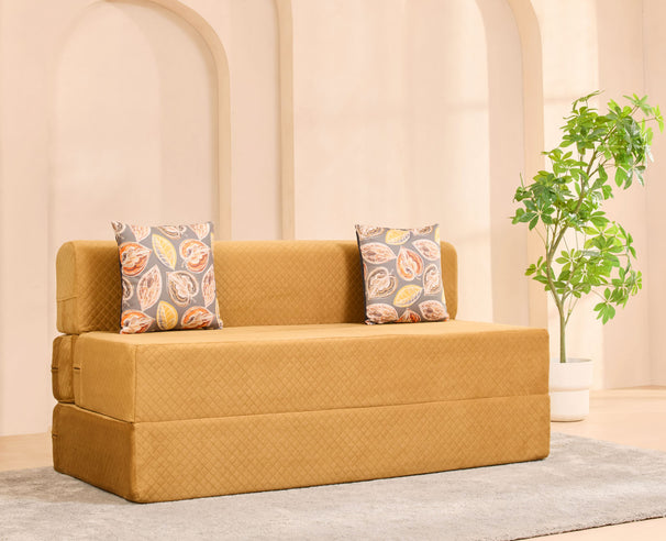 Uberlyfe Extra High, Extra Soft - 5'x6' Sofa cum Bed | Molten Caramel in Plush Laser Quilted Fabric | 2 Fall Leaves Cushions