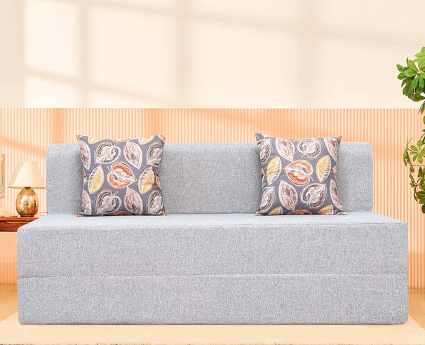 Jute Sofa Bed, Silver | 5 x 6, Three Seater | 2 Fallen Leaves Cushions