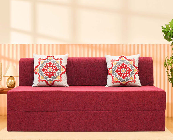 Molfino Sofa Bed, Maroon | 5 x 6, Three Seater | 2 Red Medallion Cushions