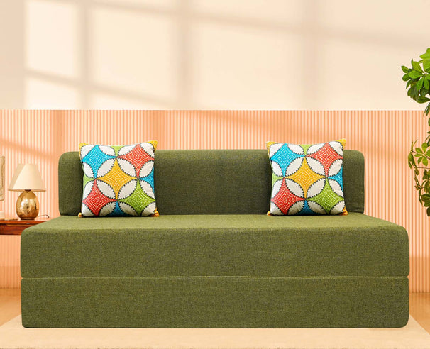 Jute Sofa Bed, Olive Green | 5 x 6, Three Seater | 2 Jharokha Cushion