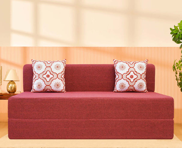Jute Sofa Bed, Primrose Red | 5 x 6, Three Seater | 2 Red Quartet Cushions