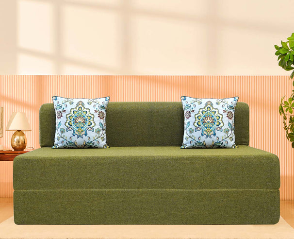 Jute Sofa Bed, Olive Green | 5 x 6, Three Seater | 2 Green Morpankhi Cushions