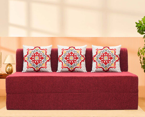 Molfino Sofa Bed, Maroon | 5 x 6, Three Seater | 3 Red Medallion Cushions