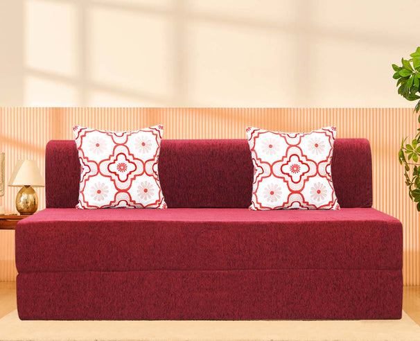 Molfino Sofa Bed, Maroon | 5 x 6, Three Seater | 2 Red Quartet Cushions