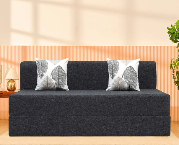 Jute Sofa Bed, Dark Grey | 5 x 6.5, Three Seater | 2 Thread Bare Cushions