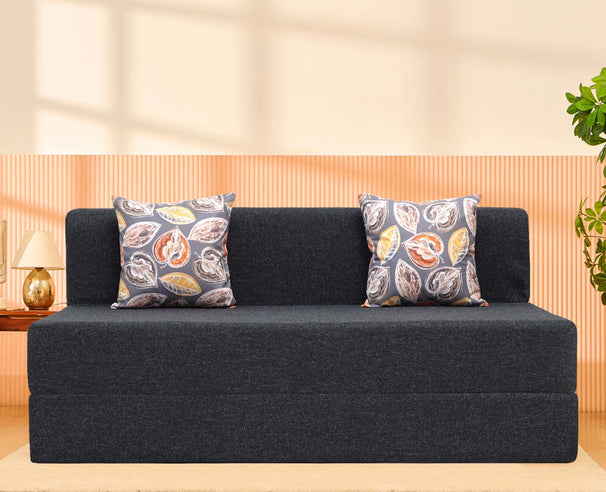 Jute Sofa Bed, Dark Grey | 5 x 6.5, Three Seater | 2 Fallen Leaves Cushions