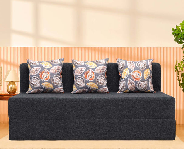 Jute Sofa Bed, Dark Grey | 5 x 6, Three Seater | 3 Fallen Leaves Cushions