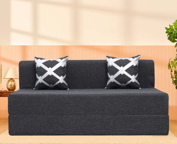 Jute Sofa Bed, Dark Grey | 5 x 6, Three Seater | 2 Silver Edge Cushions