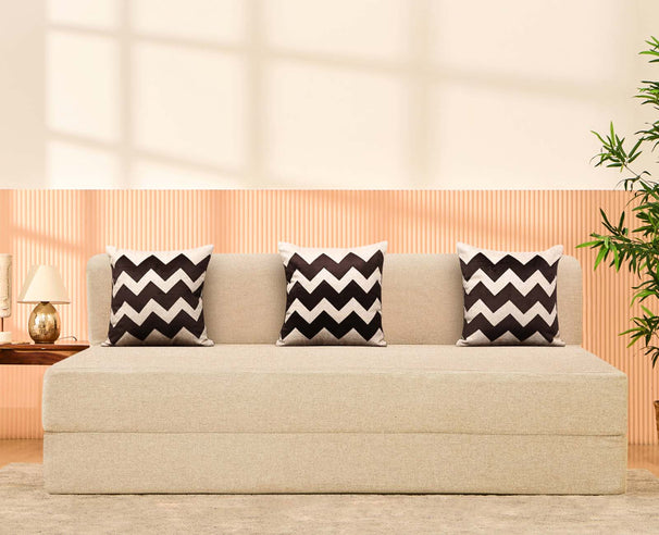 Jute Sofa Bed, Beige | 5 x 6, Three Seater | 3 Beige Zigzag Cushions